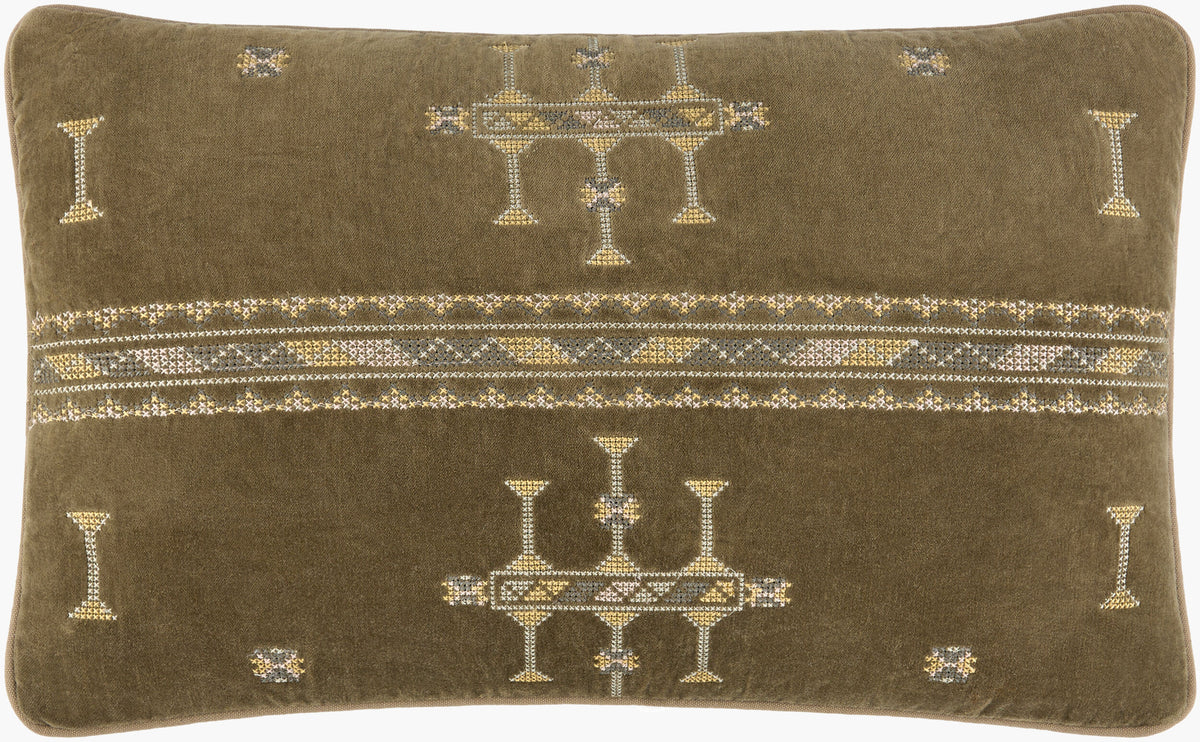 The Tribal Pattern Velour Pillow is a rectangular, olive green pillow measuring 13 x 21 inches. It features intricate geometric embroidery in yellow and beige, arranged in symmetrical designs with a decorative horizontal stripe across the center.