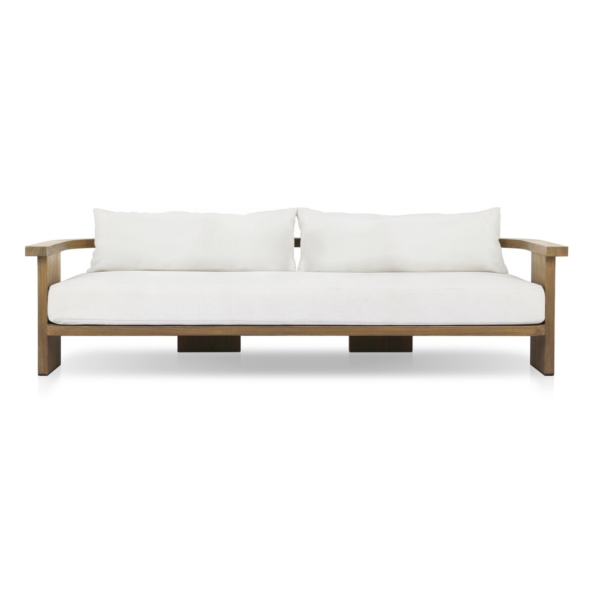 The Curved Outdoor Sofa features an FSC-certified teak frame with a white seat cushion and two large white back cushions, displayed against a plain white background.