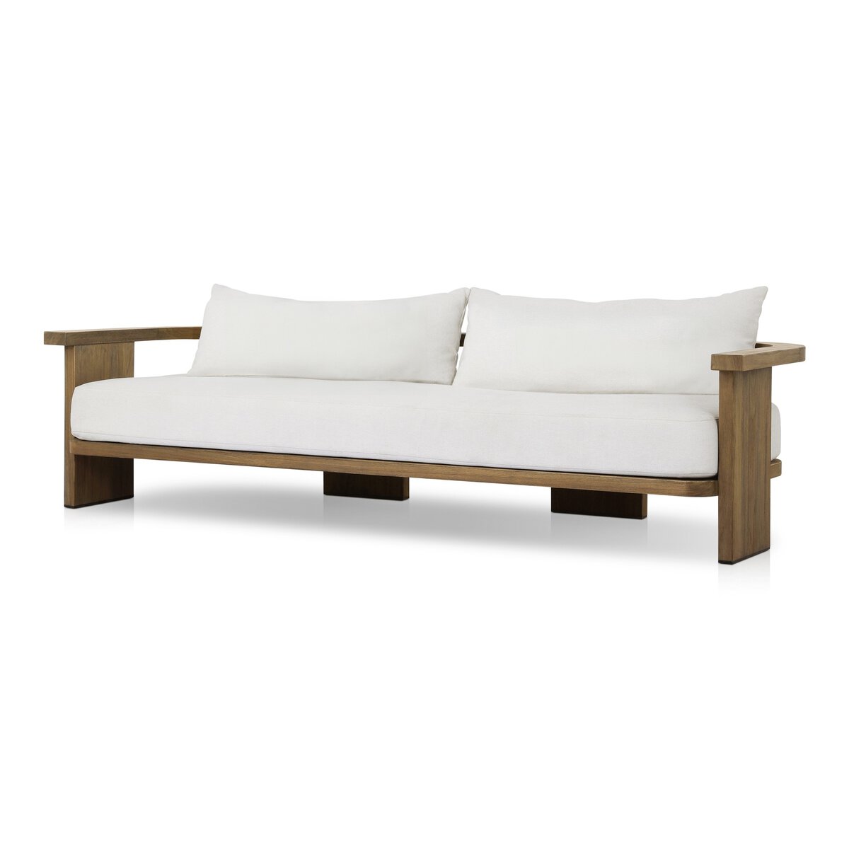 The Curved Outdoor Sofa is a modern piece crafted from FSC-certified teak with wide armrests, white cushions in high-performance fabric, and a minimalist design, shown against a plain white background.