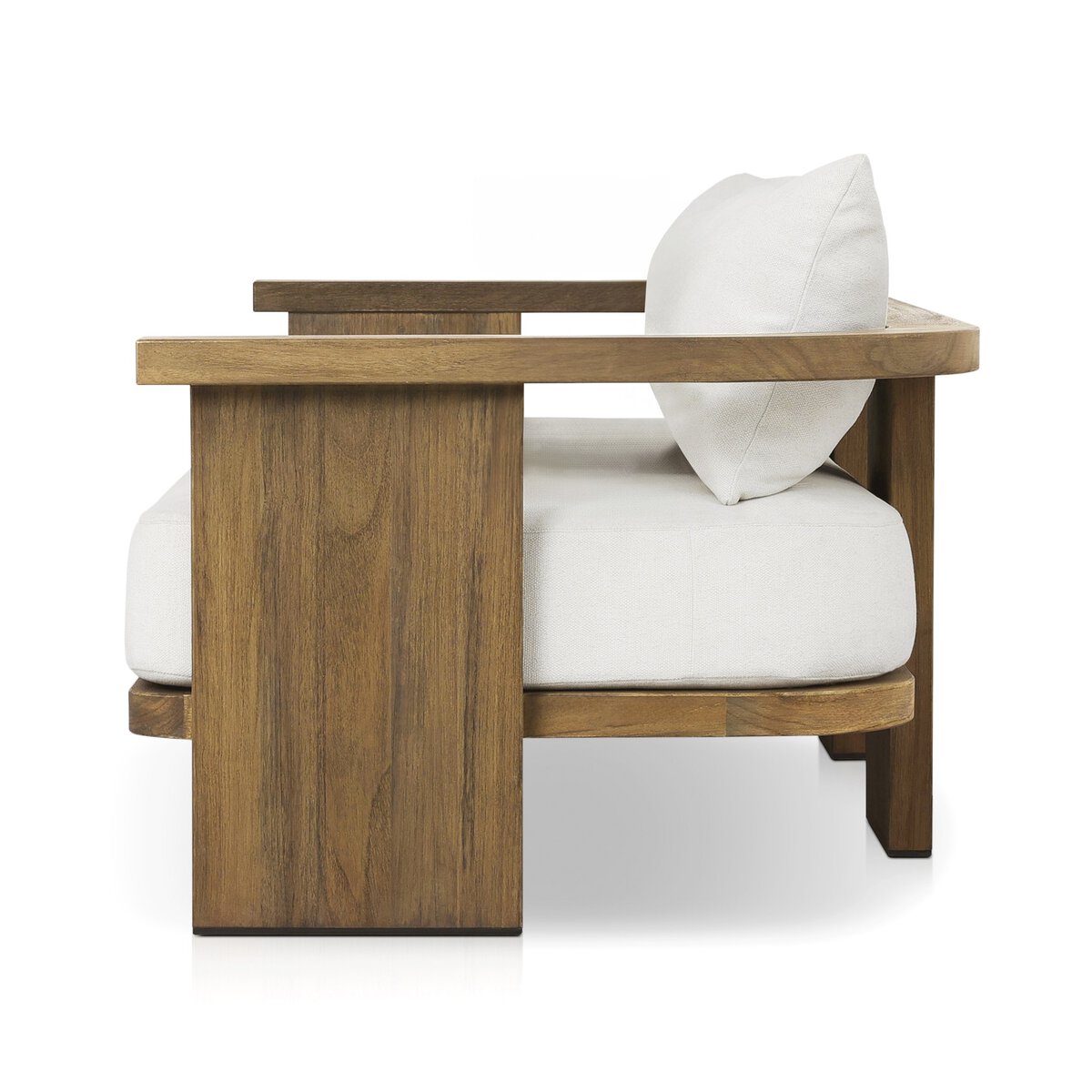 Side view of the Curved Outdoor Sofa with a wide FSC-certified teak frame and light beige cushions, featuring clean lines and high-performance upholstery for a minimalist touch—ideal as an outdoor accent against a white background.