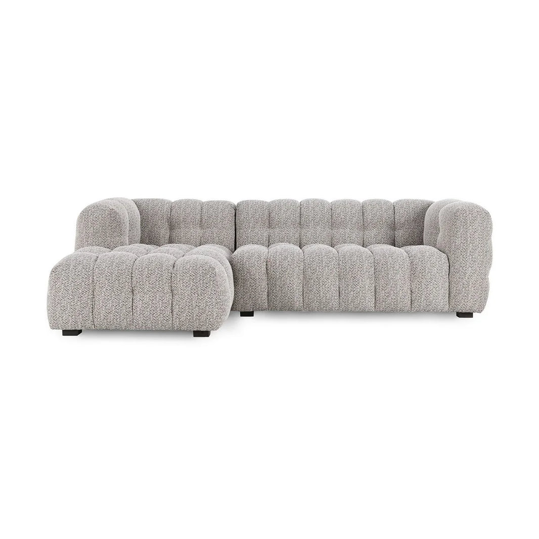 The Biscuit-Tuft LAF Sectional is a modern heathered gray sofa with tufted design, rounded edges, an L-shaped configuration, and low black legs.