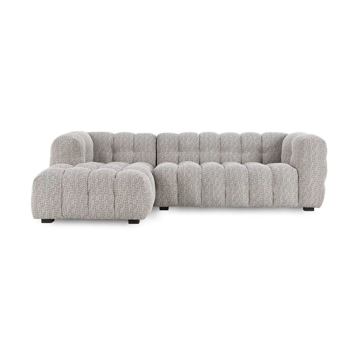 The Biscuit-Tuft LAF Sectional is a modern heathered gray sofa with tufted design, rounded edges, an L-shaped configuration, and low black legs.