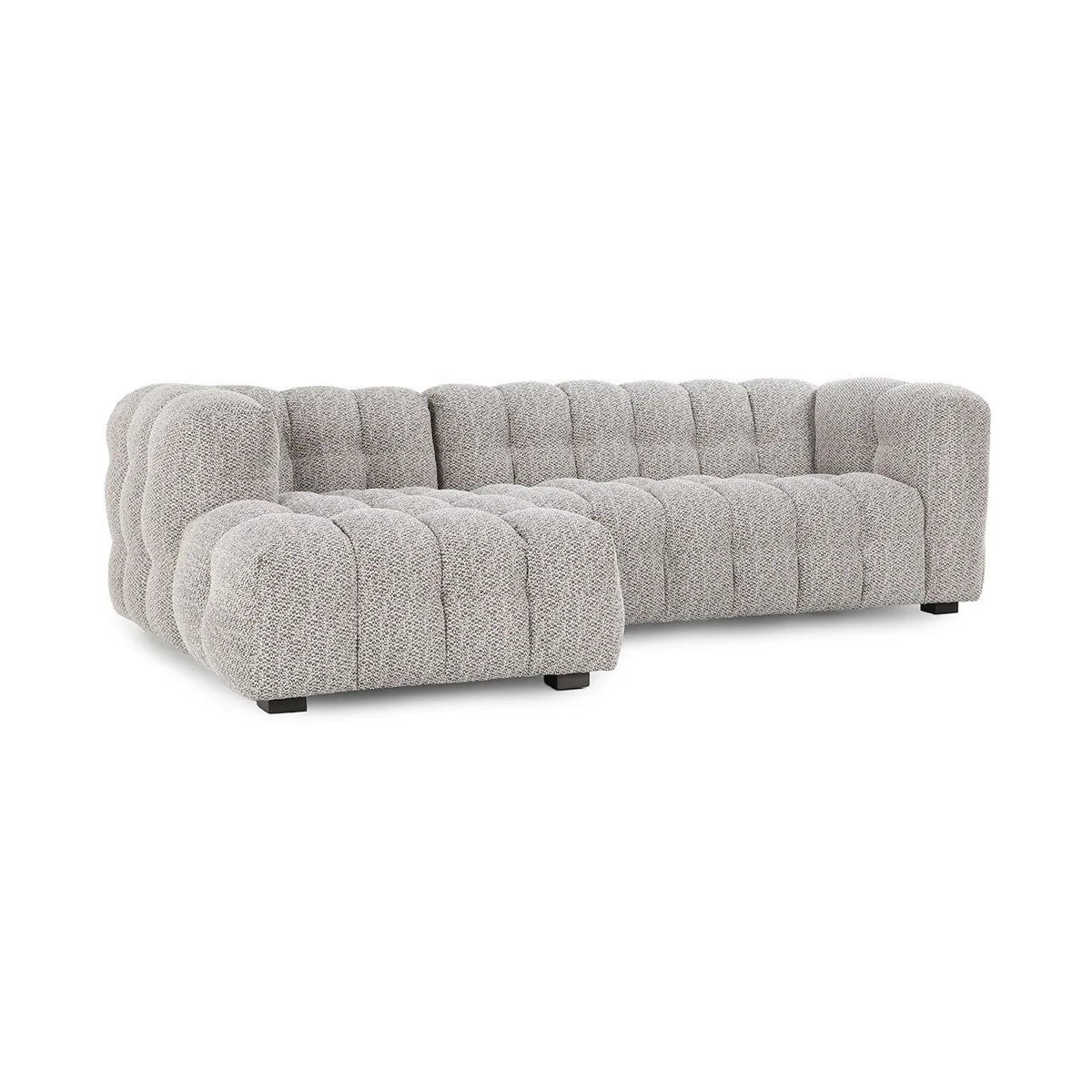The Biscuit-Tuft LAF Sectional is a modern, heathered gray L-shaped sofa with a chaise, tufted upholstery, deep plush cushions, rounded edges, and low black legs.