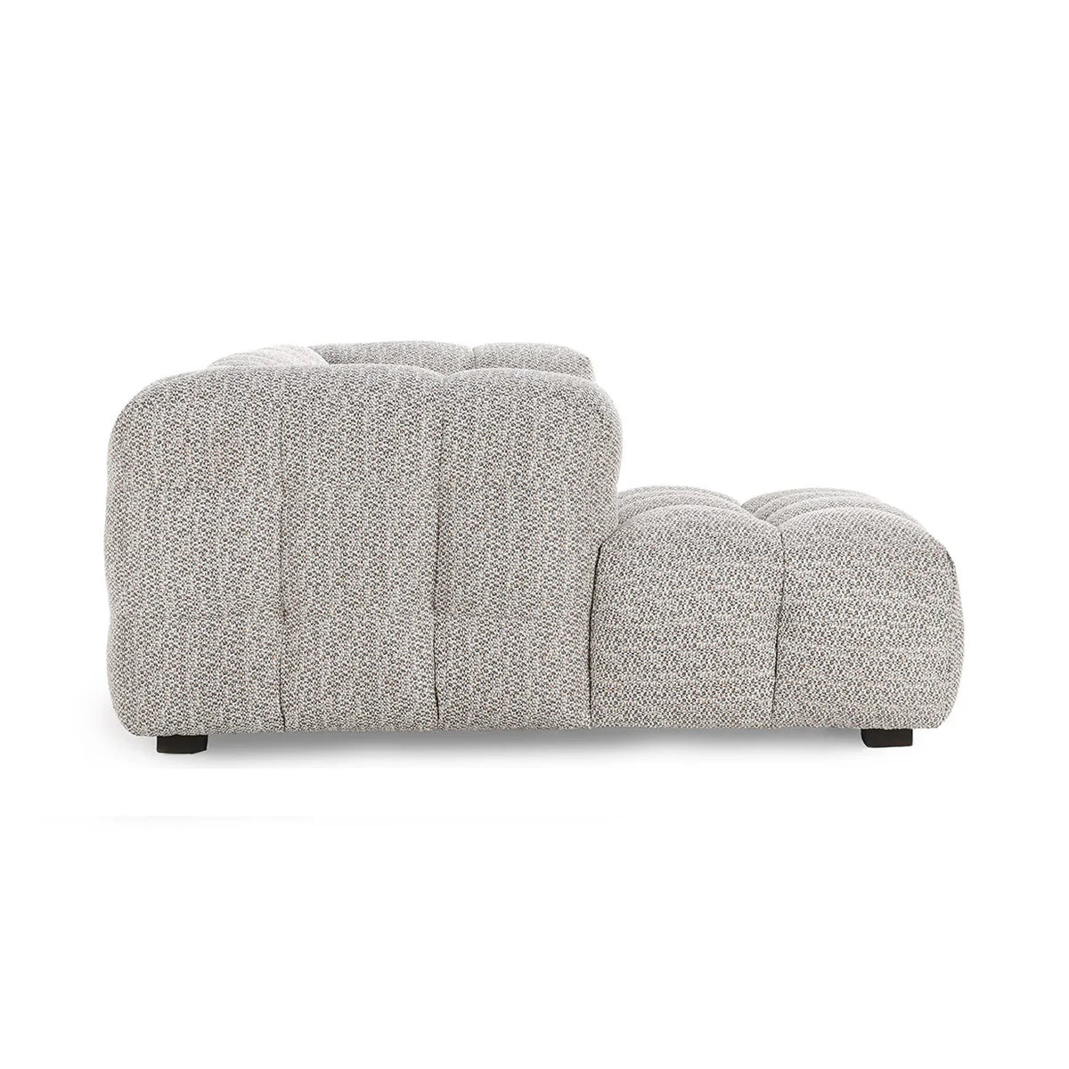 Side view of the Biscuit-Tuft LAF Sectional in modern, heathered gray fabric with tufted texture, rounded edges, and short black feet, set against a white background.