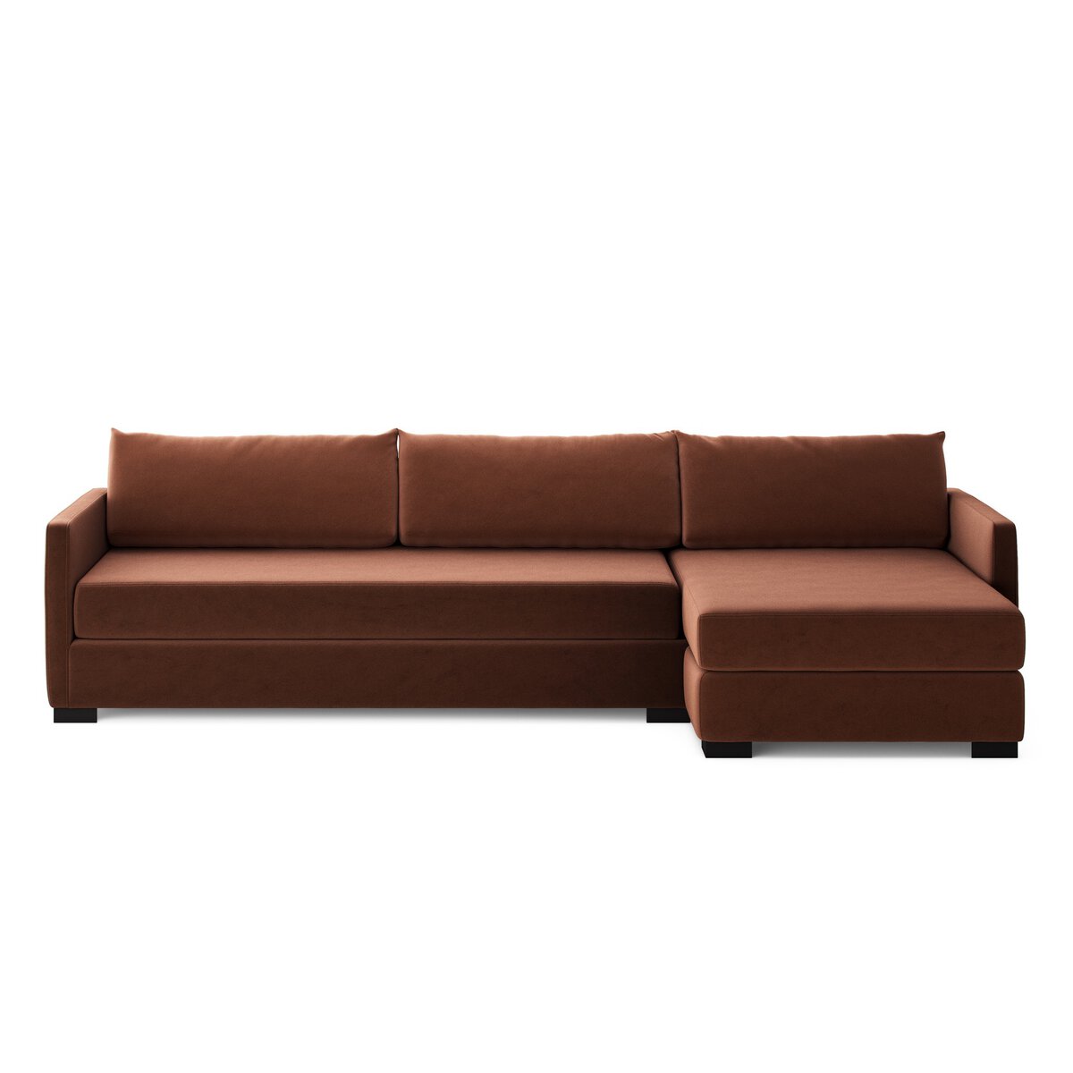 The Auburn Velvet 2pc Sectional is a modern brown sofa made to order, featuring three seat cushions, three back cushions, and a right-side chaise lounge, shown against a white background.