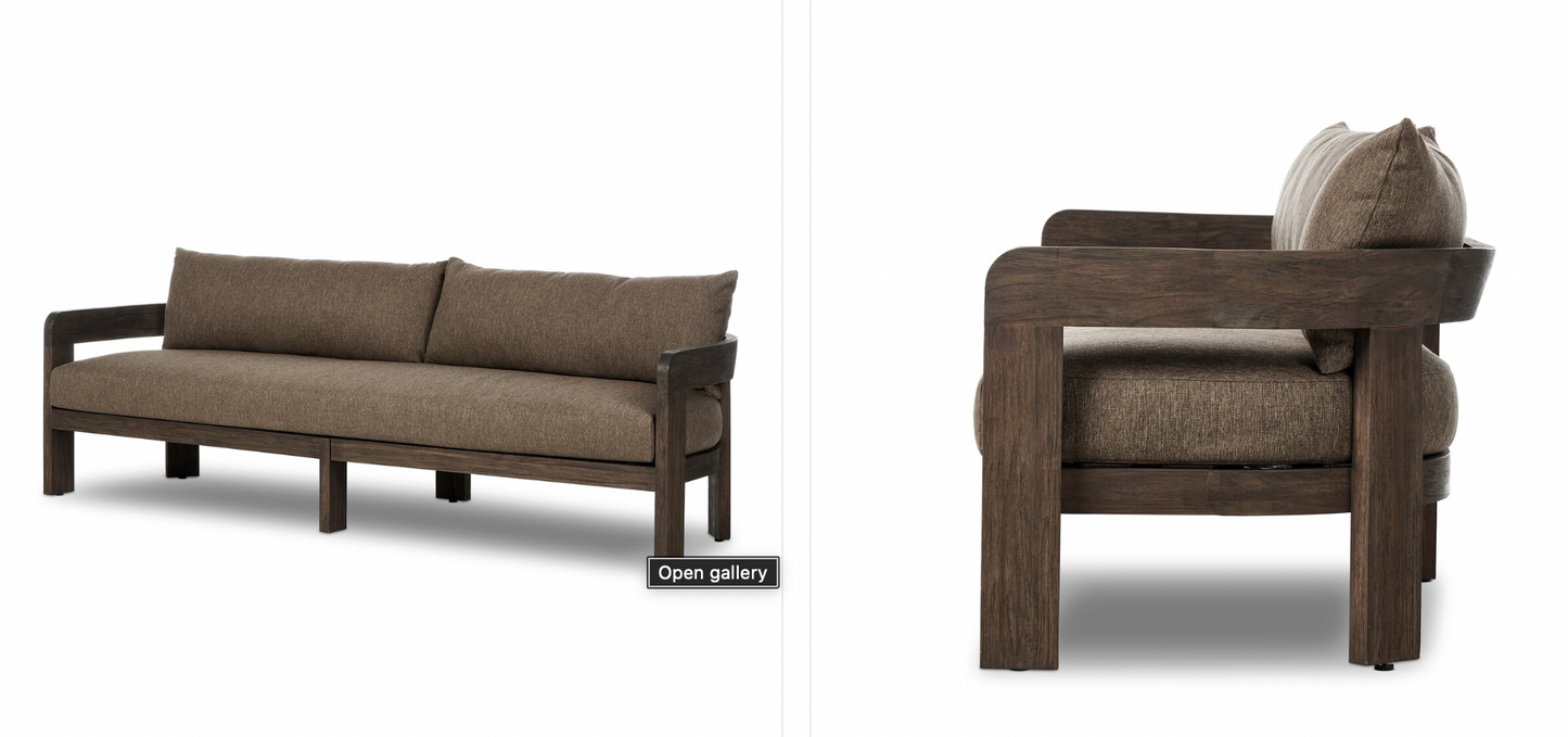 The Jackson Outdoor Sofa features a modern barrel back design with thick teak framing and plush brown upholstery, shown from the front (left) and side (right) angles against a white background.