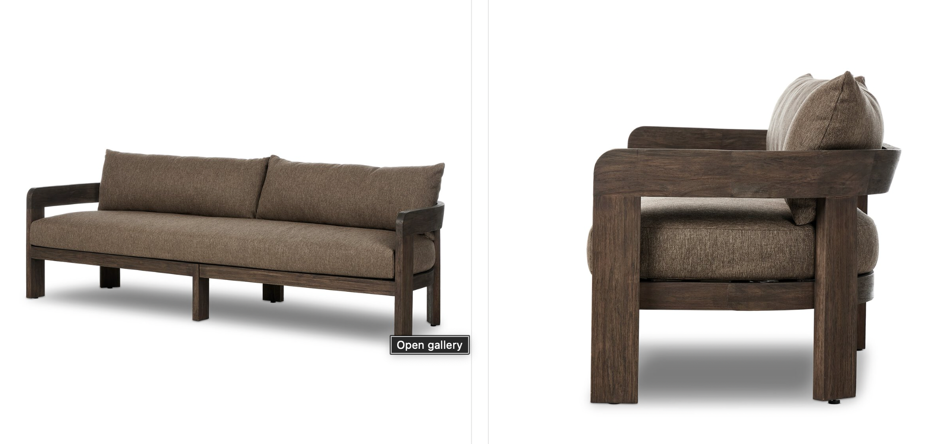 The Jackson Outdoor Sofa features a modern barrel back design with thick teak framing and plush brown upholstery, shown from the front (left) and side (right) angles against a white background.