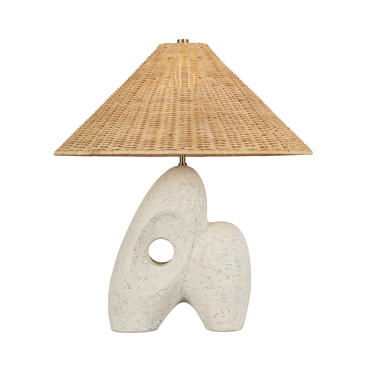 The Stone and Woven Table Lamp features a sculptural white base with an abstract design and hole, paired with a wide 22" woven rattan cone shade. Overall height is 24.5". Shown against a plain white background.