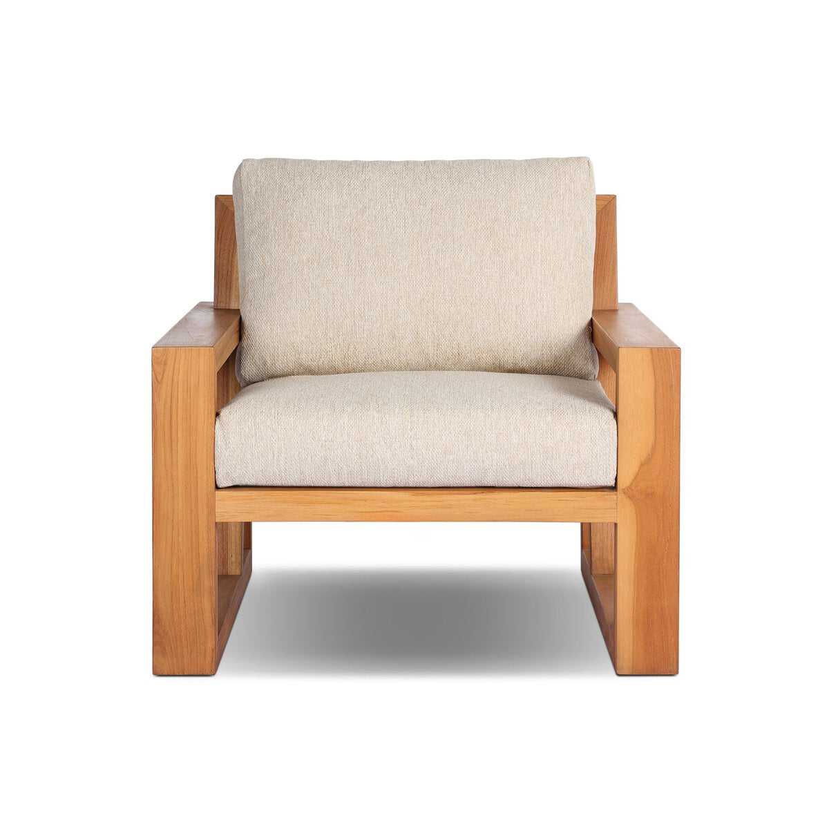The Nordic Teak Outdoor Chair features a sturdy wooden frame, wide armrests, and light beige cushioned seat and backrest, offering durable comfort. Shown from the front against a white background in minimalist Nordic style.