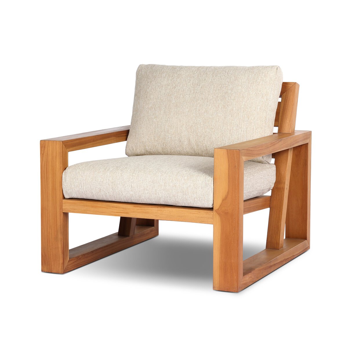 The Nordic Teak Outdoor Chair features a minimalist natural wood frame and light beige durable cushions, ideal for modern spaces. Displayed on a white background.
