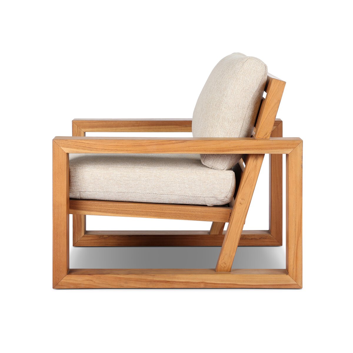 The Nordic Teak Outdoor Chair features a minimalist wooden frame with geometric, rectangular lines and light beige durable cushions, displayed from the side against a white background.