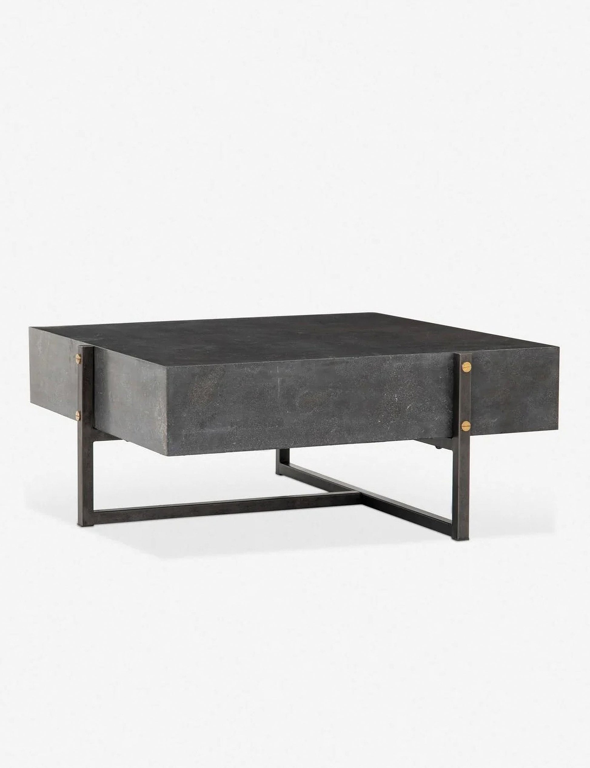 The Keppler Square Coffee Table features a modern square design, dark matte finish, thick tabletop, and sturdy metal legs with gold accent bolts at the corners.
